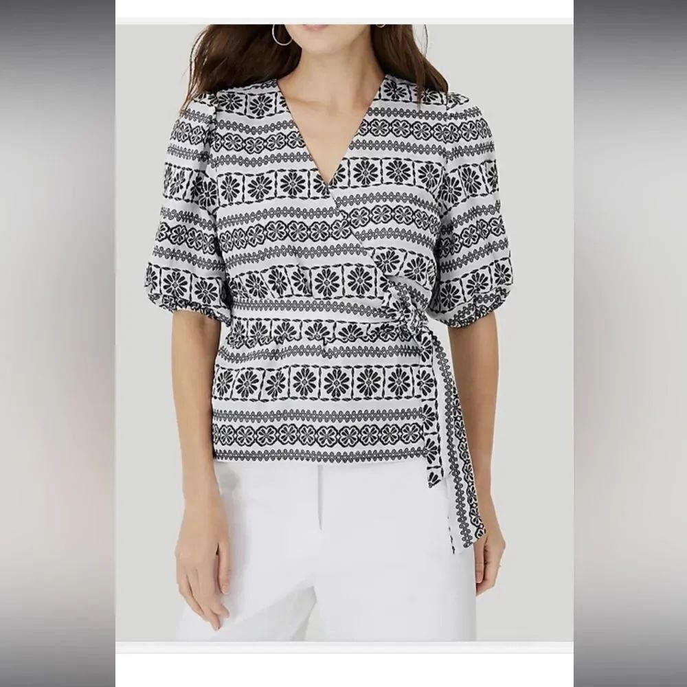 Ann Taylor Dobby Belted Wrap Floral Blouse Balloon Sleeve Black/White print Sz S